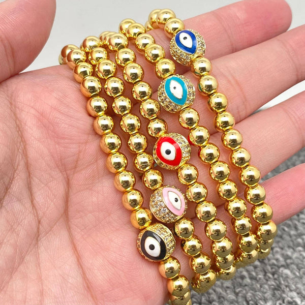 Triple Evil Eyes Ball Charm14K Gold Plated Elastic Bracelet