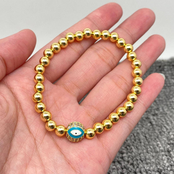 Triple Evil Eyes Ball Charm14K Gold Plated Elastic Bracelet