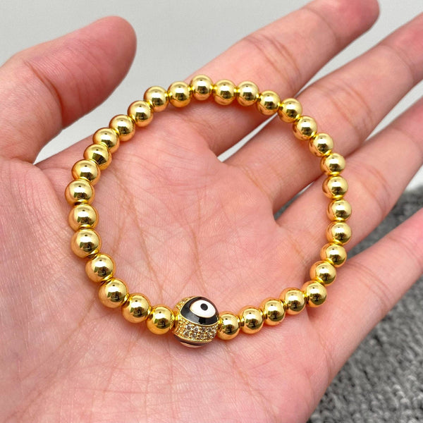 Triple Evil Eyes Ball Charm14K Gold Plated Elastic Bracelet
