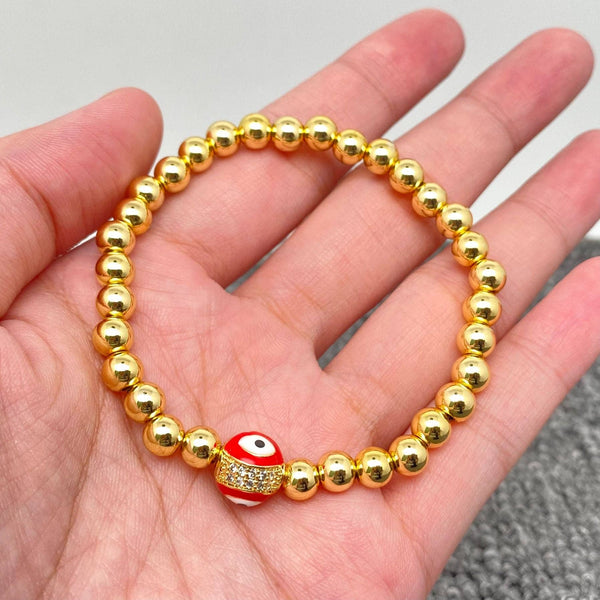 Triple Evil Eyes Ball Charm14K Gold Plated Elastic Bracelet