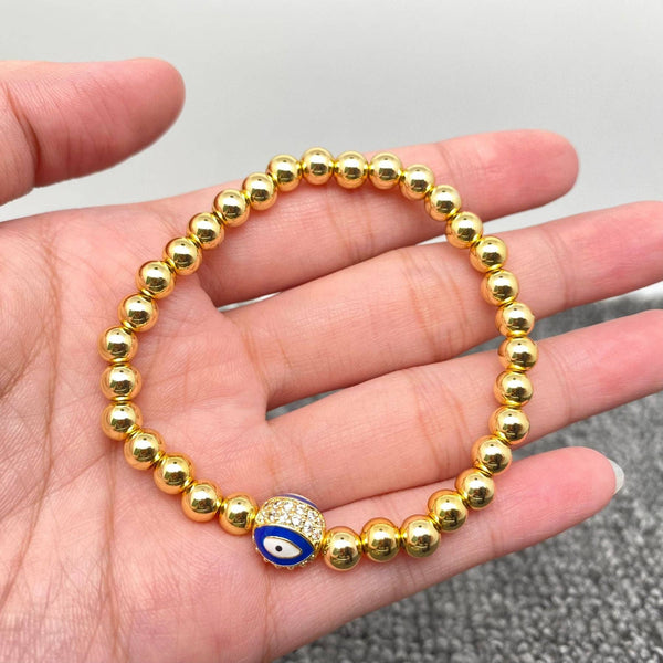 Triple Evil Eyes Ball Charm14K Gold Plated Elastic Bracelet