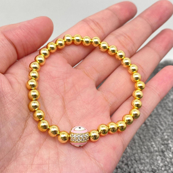 Triple Evil Eyes Ball Charm14K Gold Plated Elastic Bracelet